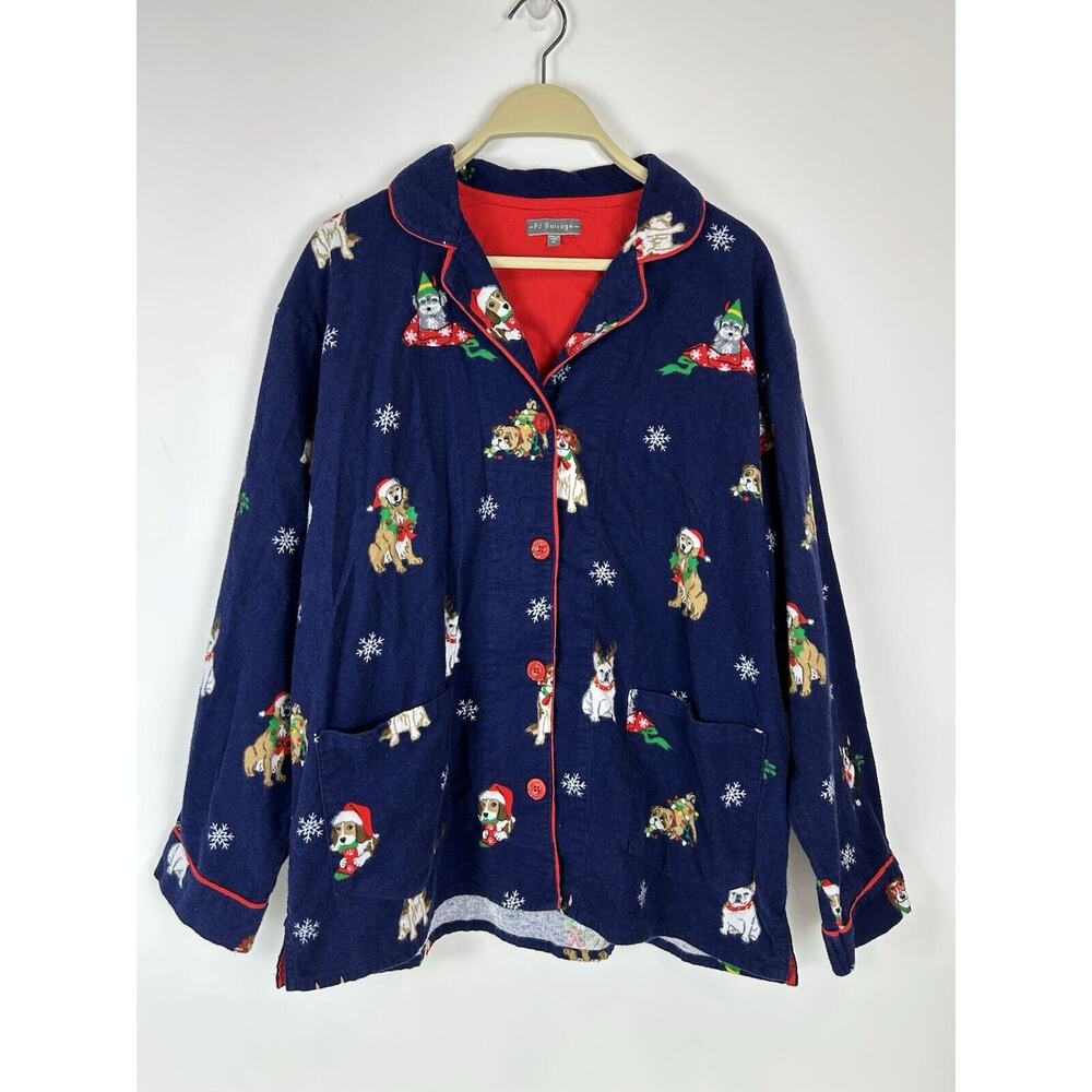 P J Salvage Women Pajama‎ top sz M L/S flannel Christmas Dog Breeds funny blue